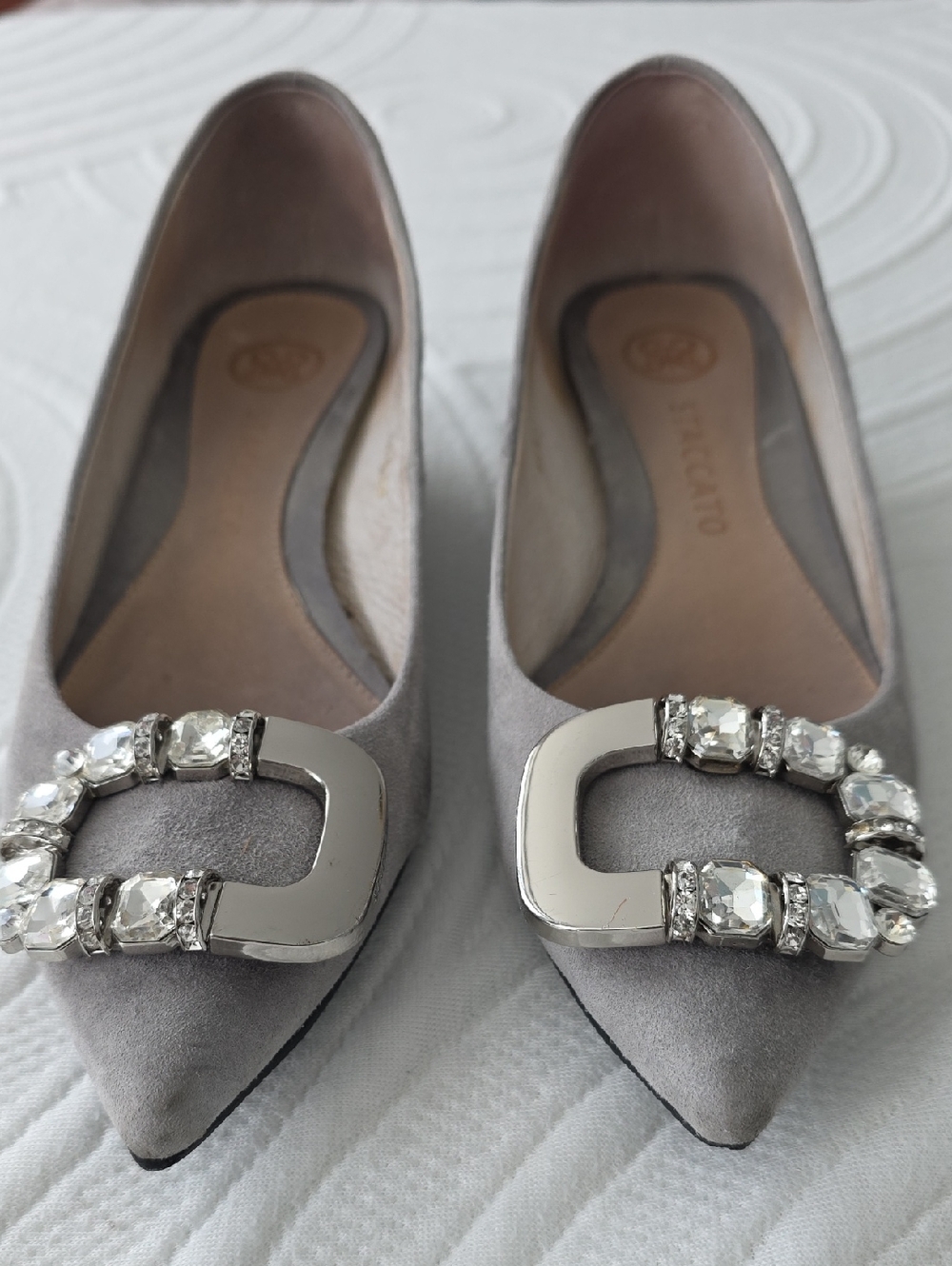 Staccato Taupe Pointed Toe Flats with Crystal Buckle